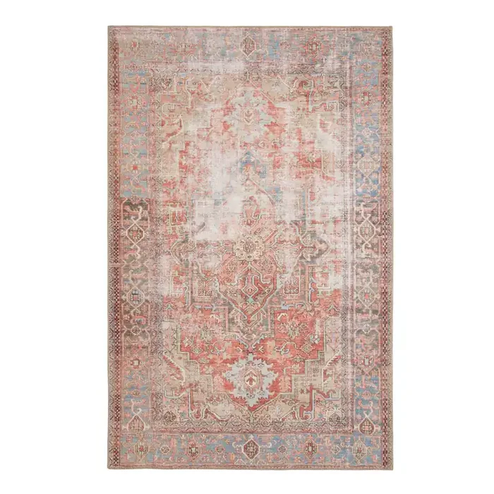 Terracotta and Blue Distressed Persian Style Lauren Area Rug