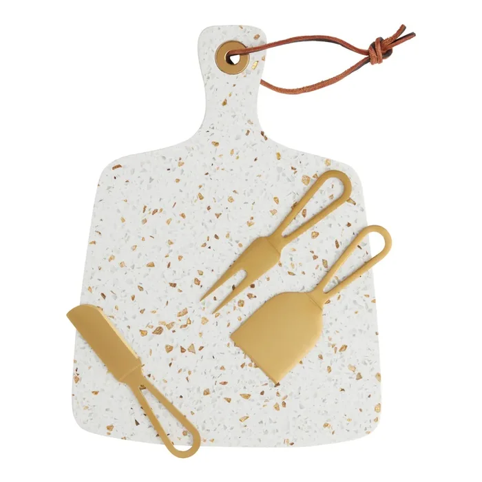 Terrazzo Serving Board and Gold Cheese Knives 4 Piece Set