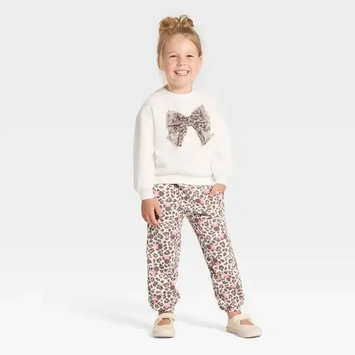 Toddler Girls‘ 2pc Disney Minnie Mouse Cozy Fleece Animal Printed Sweatshirt with Tulle Bow and Pants Set – Ivory 3T