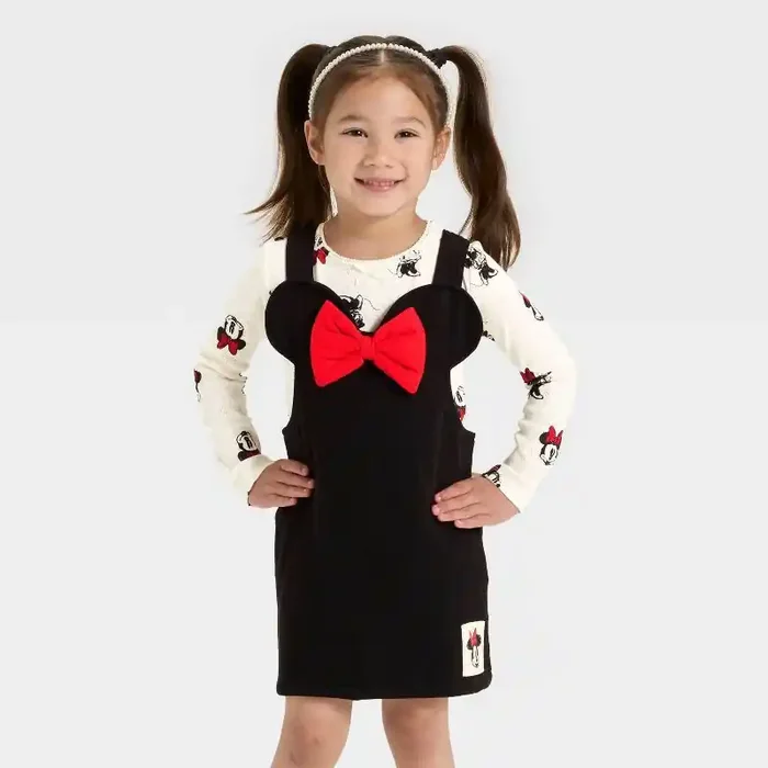 Toddler Girls‘ 2pc Disney Minnie Mouse Top and Knit Denim Dress Set – Ivory/Black 2T