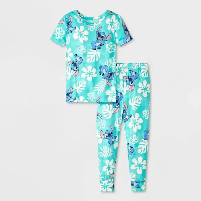 Toddler Girls‘ 2pc Lilo & Stitch Short Sleeve Viscose Snug Fit Pajama Set – Blue 4T Crew Neck, Viscose-Spandex Blend, Machine Washable