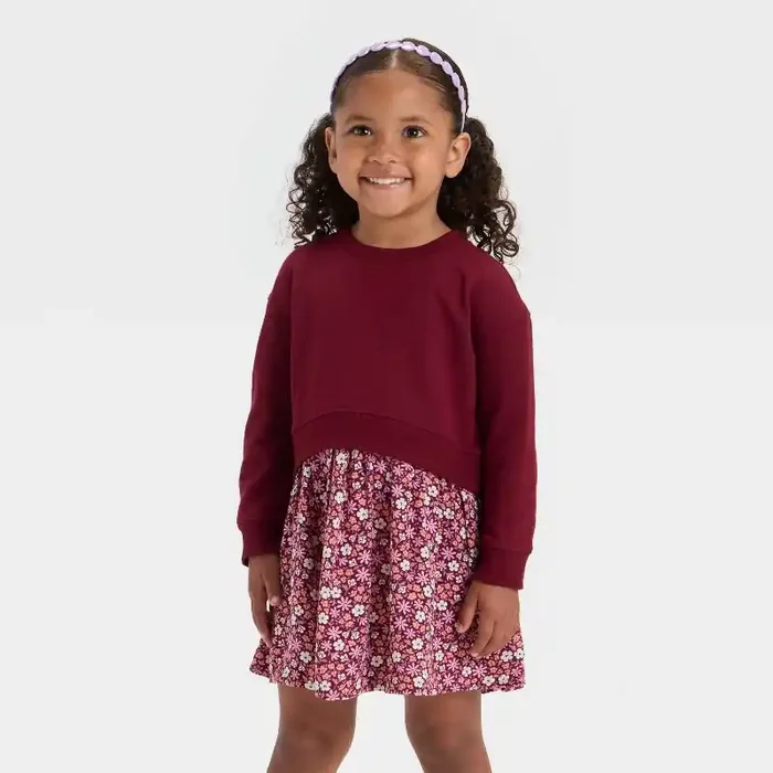 Toddler Girls‘ French Terry Woven Dress – Cat & Jack™ Burgundy 18M