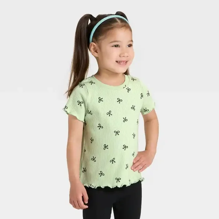 Toddler Girls‘ Short Sleeve Black Bow Ribbed T-Shirt – Cat & Jack™ Light Sage 4T