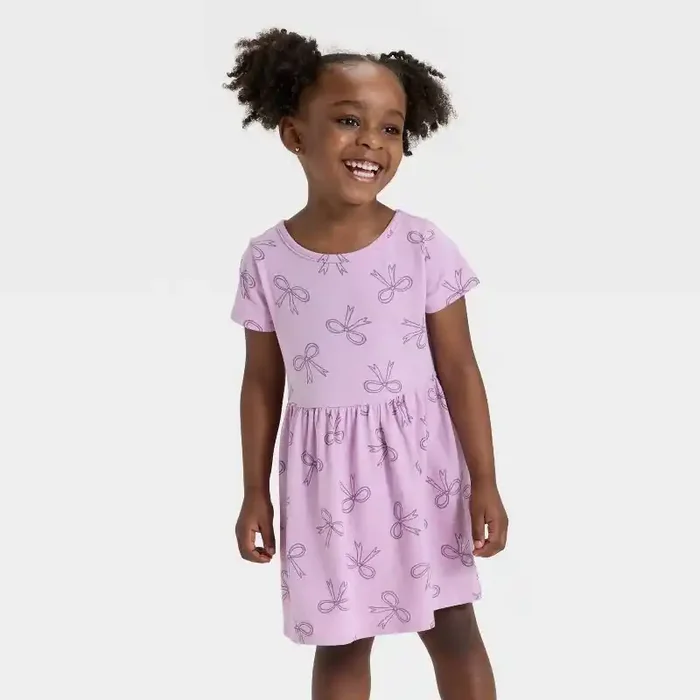 Toddler Girls‘ Short Sleeve Bows Dress – Cat & Jack™ Lavender Mauve 4T