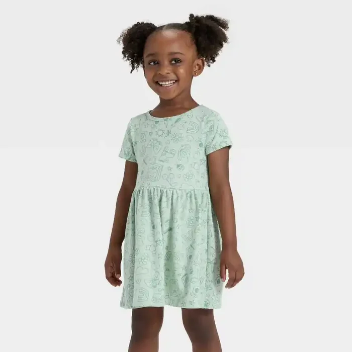Toddler Girls‘ Short Sleeve Doodle Dress – Cat & Jack™ Light Sage 18M