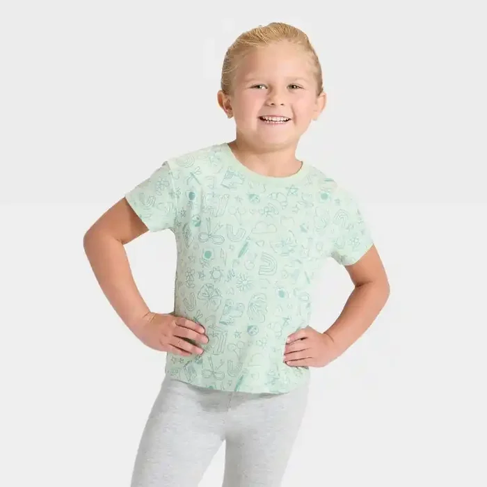 Toddler Girls‘ Short Sleeve Doodles Relaxed T-Shirt – Cat & Jack™ Light Sage 2T