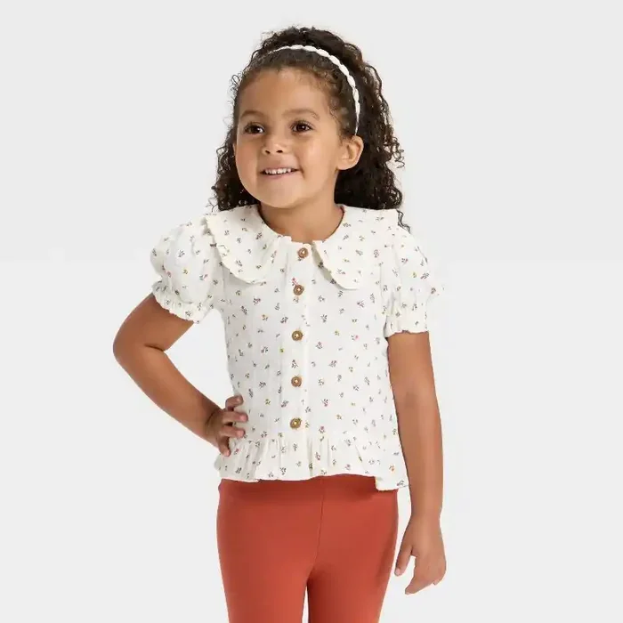 Toddler Girls‘ Short Sleeve Peter Pan Collar Woven Peplum Top – Cat & Jack™ Cream 4T