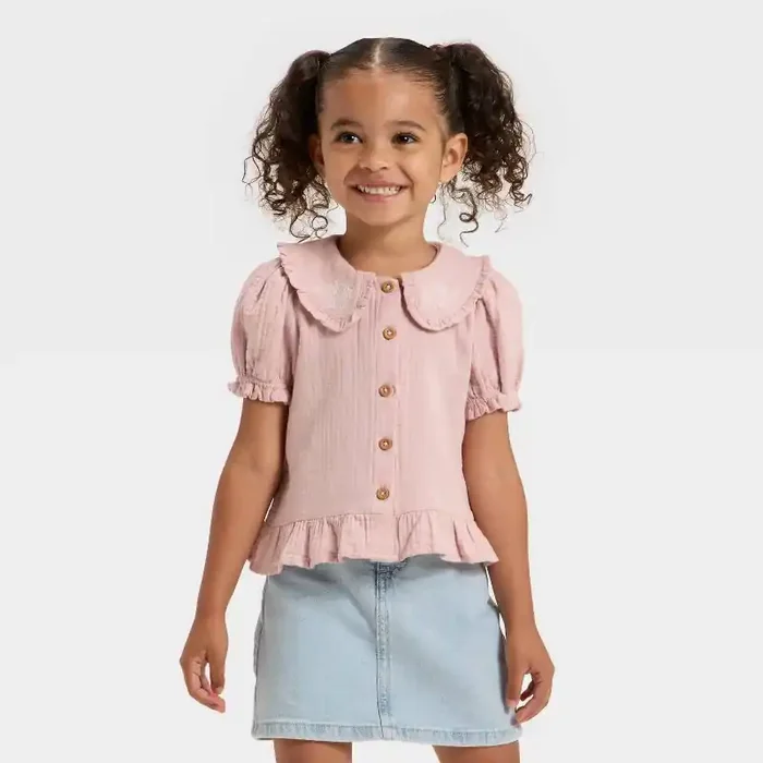 Toddler Girls‘ Short Sleeve Peter Pan Collar Woven Peplum Top – Cat & Jack™ Purple 18M