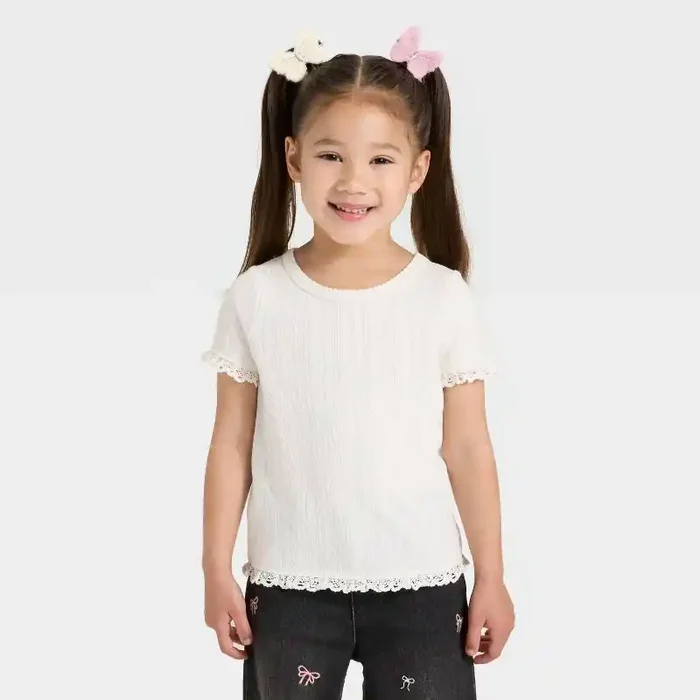 Toddler Girls‘ Short Sleeve Pointelle T-Shirt – Cat & Jack™ Cream 3T