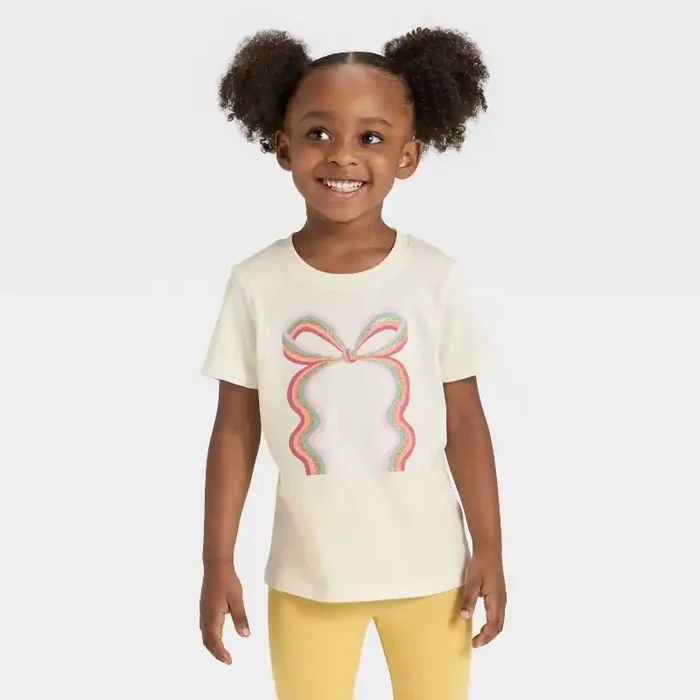 Toddler Girls‘ Short Sleeve Rainbow Bow Graphic T-Shirt – Cat & Jack™ Cream 3T