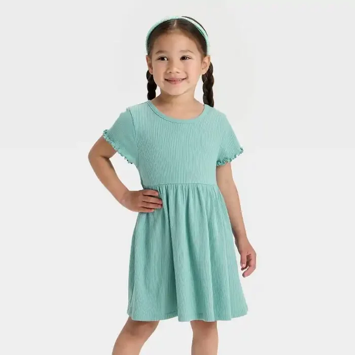 Toddler Girls‘ Short Sleeve Ribbed Dress – Cat & Jack™ Teal Green 4T