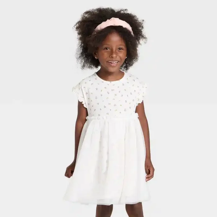 Toddler Girls‘ Short Sleeve Ribbed Tulle Dress – Cat & Jack™ Cream 2T