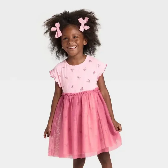Toddler Girls‘ Short Sleeve Ribbed Tulle Dress – Cat & Jack™ Pink 4T