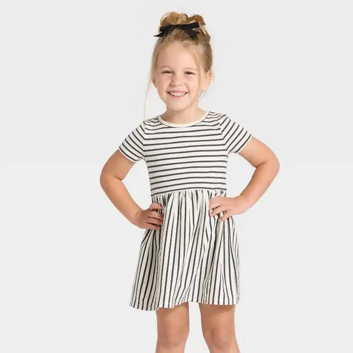 Toddler Girls‘ Short Sleeve Striped Dress – Cat & Jack™ Black/White 5T