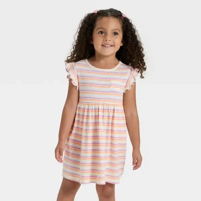 Toddler Girls‘ Short Sleeve Striped Ribbed Dress – Cat & Jack™ 4T Cream/Orange/Purple