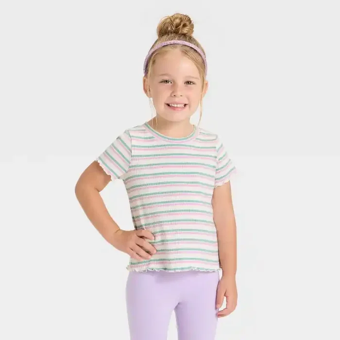 Toddler Girls‘ Short Sleeve Striped Ribbed T-Shirt – Cat & Jack™ Ivory 3T