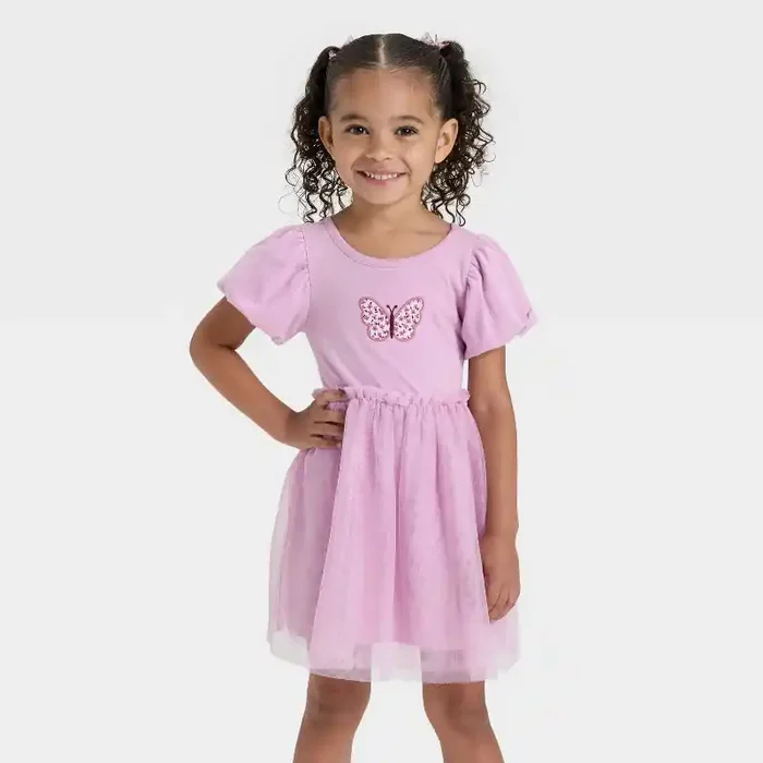 Toddler Girls‘ Short Sleeve Tulle Dress – Cat & Jack™ Lavender Mauve 2T