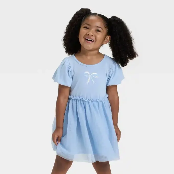 Toddler Girls‘ Short Sleeve Tulle Dress – Cat & Jack™ Light Blue 2T