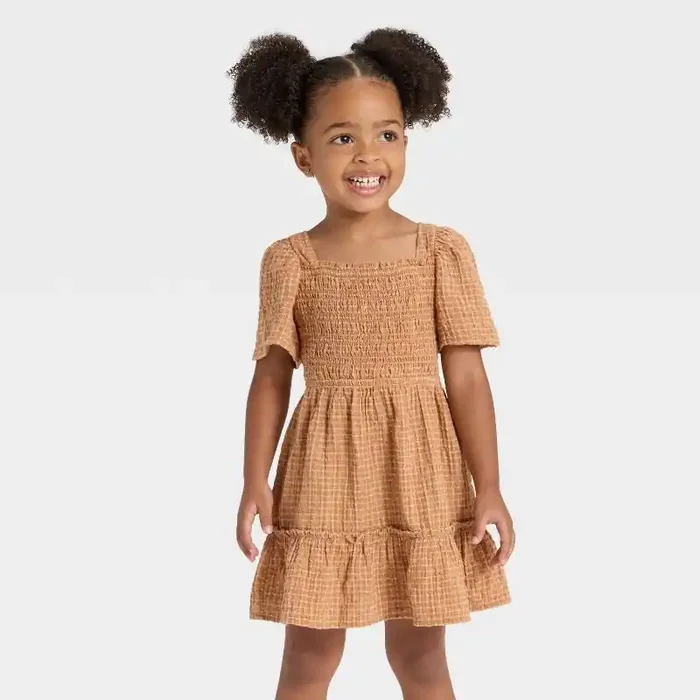 Toddler Girls‘ Short Sleeve Windowpane Dress – Cat & Jack™ Brown 12M