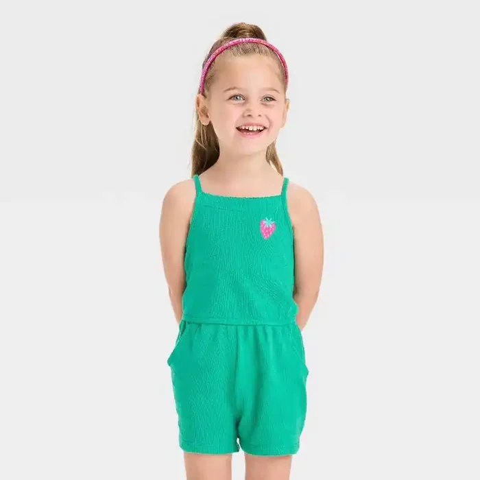 Toddler Girls‘ Strawberry Embroidered Sleeveless Romper – Cat & Jack™ Green 12M