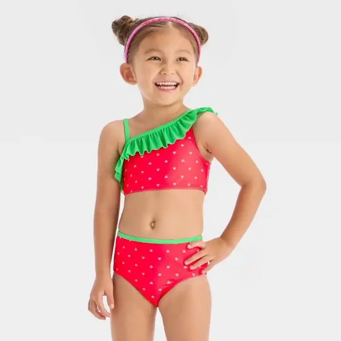 Toddler Girls‘ Strawberry Ruffle Bikini Set – Cat & Jack™ Red 3T UPF 50+, Hearts Pattern, 2-Piece Swimwear