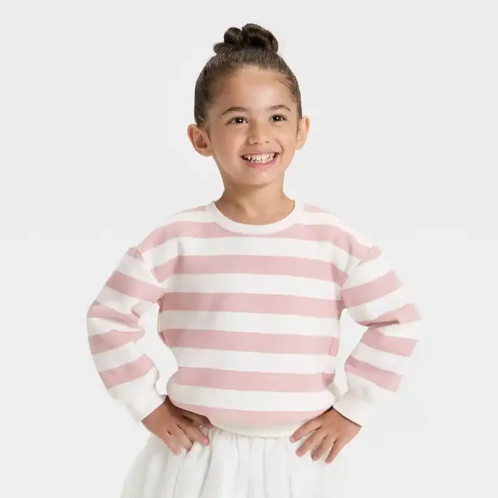 Toddler Girls‘ Striped Fleece Pullover Sweatshirt – Cat & Jack™ Light Mauve 12M