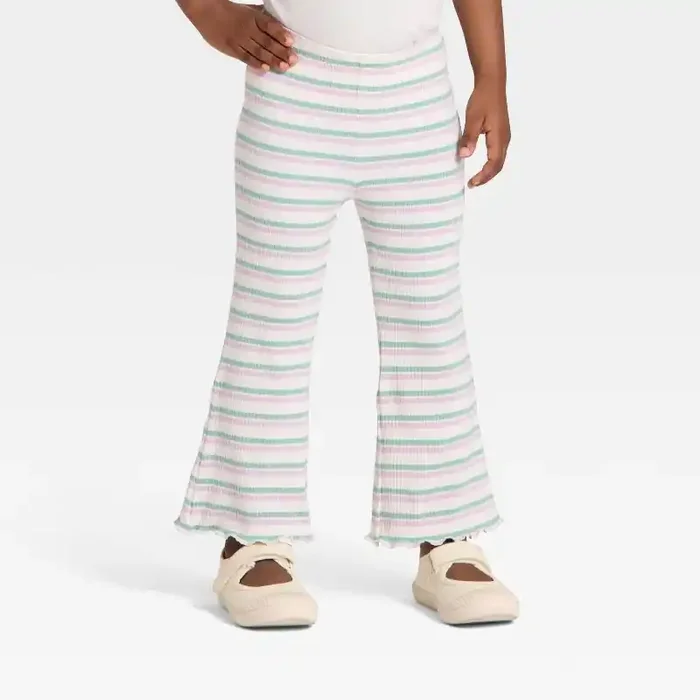 Toddler Girls‘ Striped Ribbed Flare Leggings – Cat & Jack™ Cream/Purple/Green 5T
