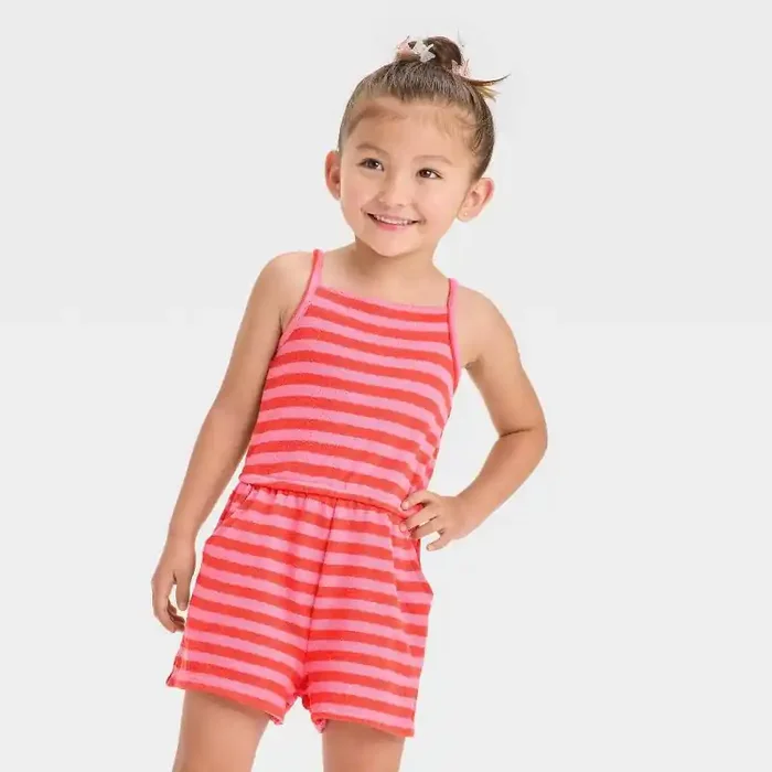 Toddler Girls‘ Striped Sleeveless Romper – Cat & Jack™ Coral Pink 5T