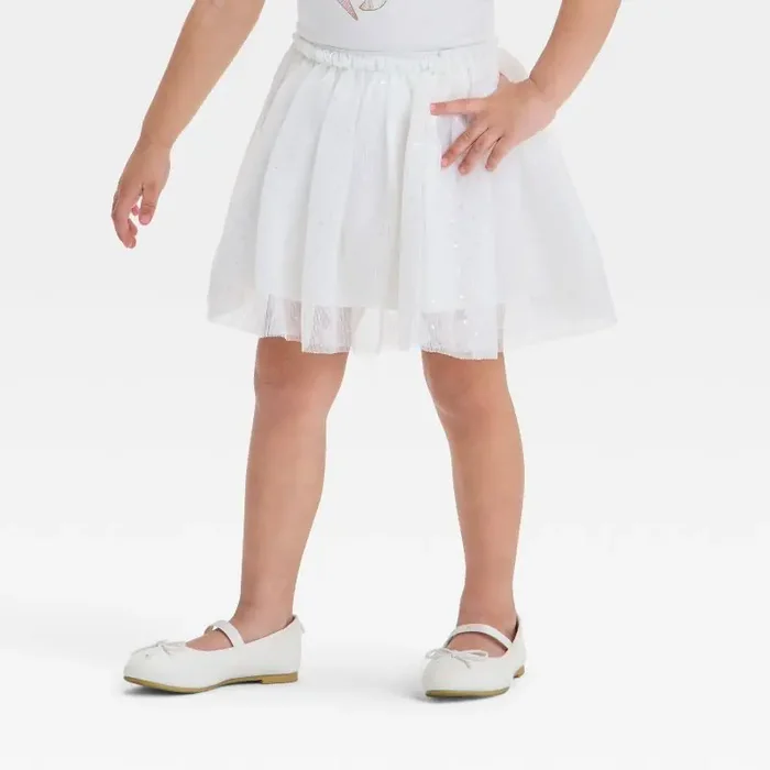 Toddler Girls‘ Tulle Skirt – Cat & Jack™ Cream 4T Adjustable Waistband, Elastic Closure, Above Knee Length, Mesh Taffeta Fabric