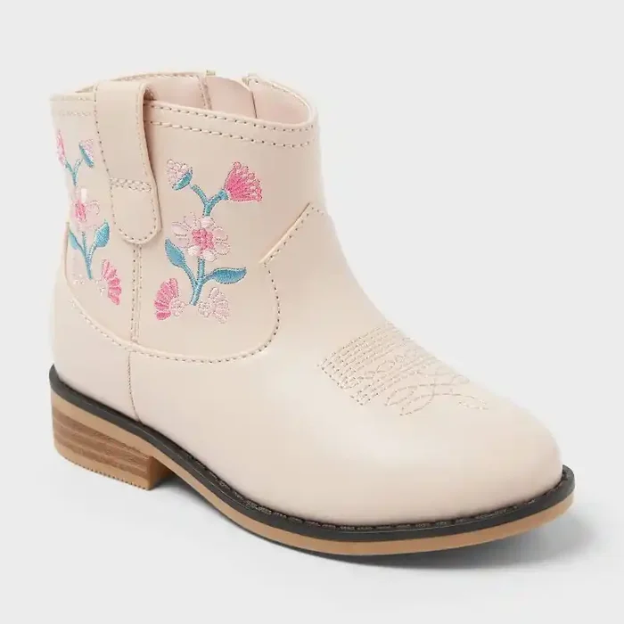 Toddler Whitley Embroidered Western Boots – Cat & Jack™ Blush 11T Floral Pattern, Zipper Closure, Flexible Outsole
