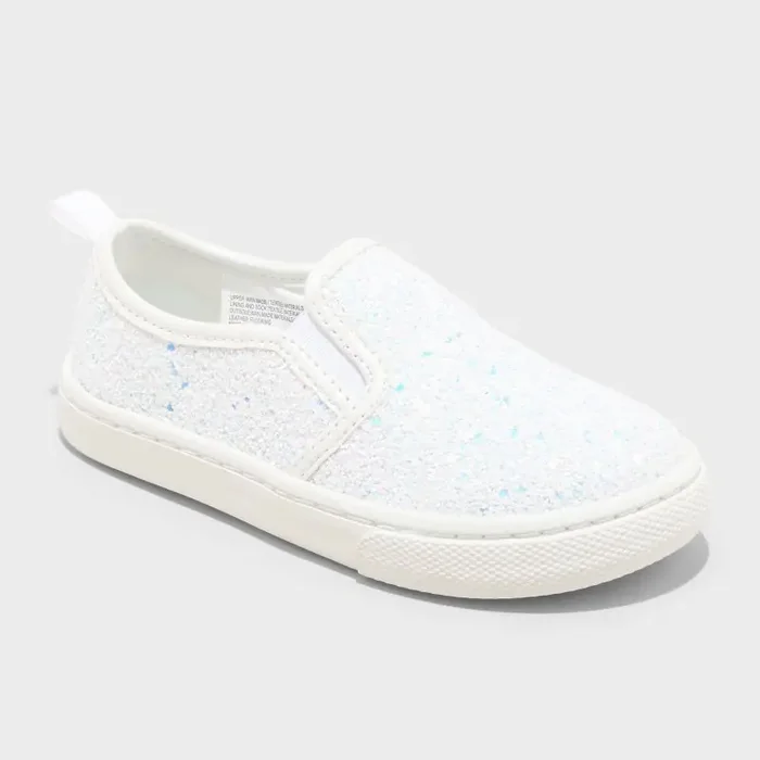 Toddler Yana Slip-On Glitter Sneakers – Cat & Jack™ White 6T Faux Leather, Non-Marking Sole, Closed Round Toe, Low Top