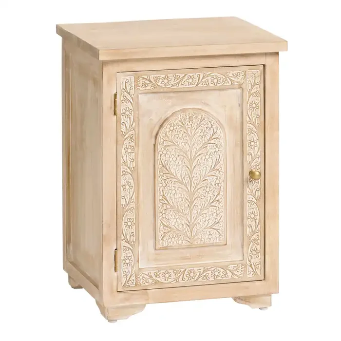 Tree of Life Natural and White Carved Wood Storage Cabinet