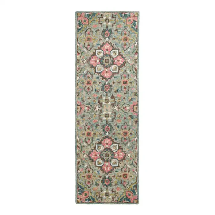 Trellis Sage and Pink Floral Tufted Wool Floor Runner
