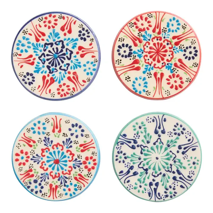 Turkish Artisan Multicolor Floral Hand Painted Coasters 4 Pack