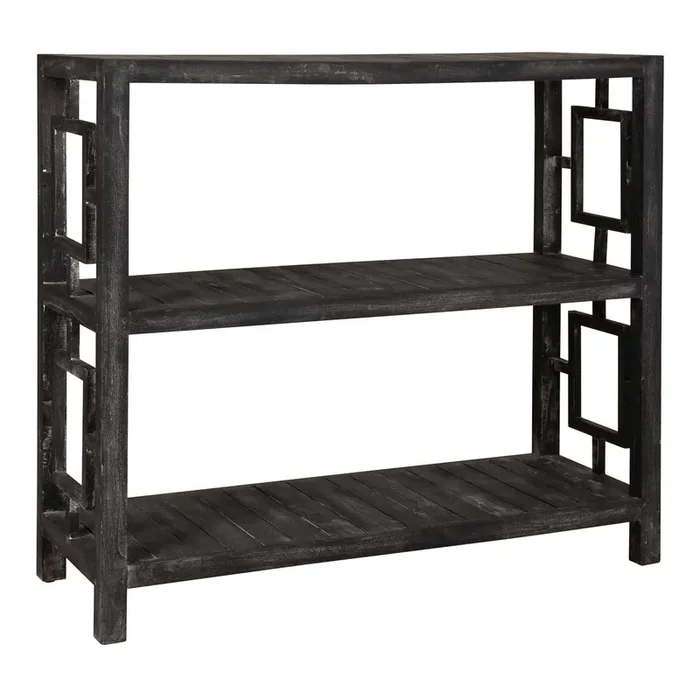 Udall Low Distressed Black Wood Geometric Bookshelf