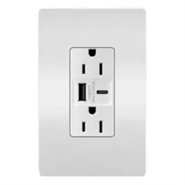 USB Charger Wall Plate With Duplex Outlet, Type A/C, White, 6.0A, 15-Amp
