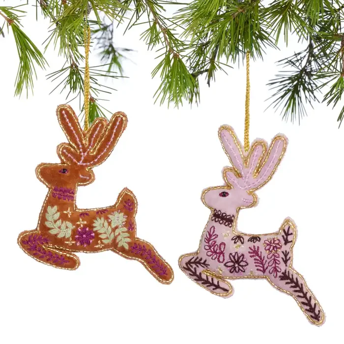Velvet Embroidered Deer Ornaments Set of 2