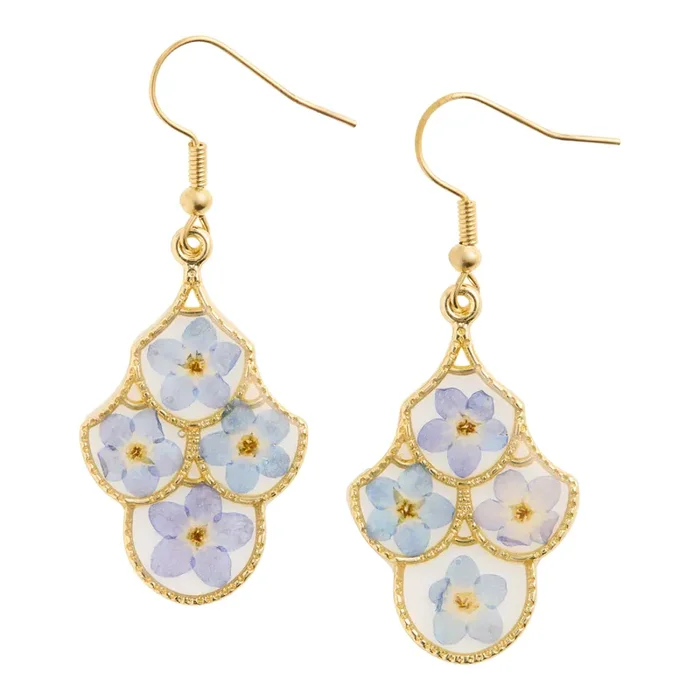 Violet And Gold Pressed Flower Tiered Drop Earrings