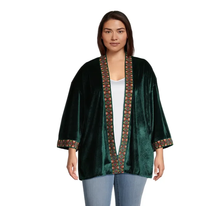 Vivian Pine Green and Pink Velvet Embroidered Kimono