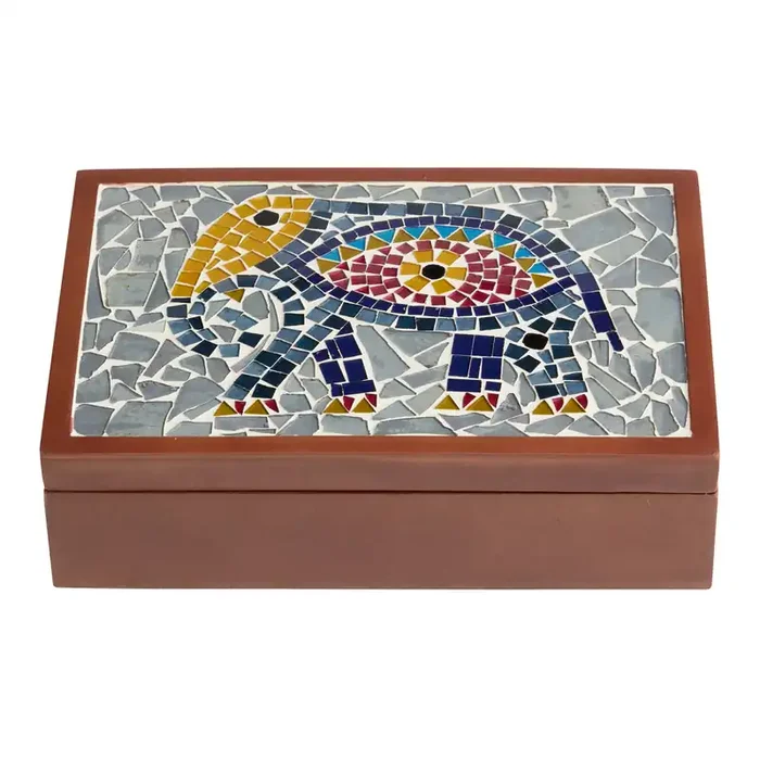 Walnut and Glass Mosaic Evil Eye Elephant Tea Storage Box