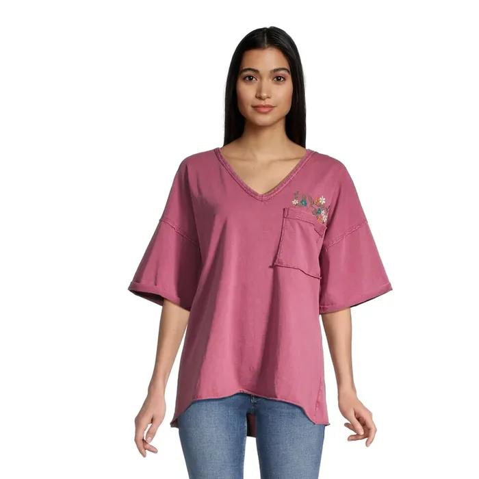 Washed Berry Jersey Floral Embroidered Pocket T-Shirt