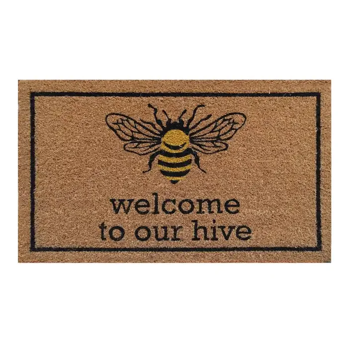 Welcome To Our Hive Yellow Bee Coir Doormat
