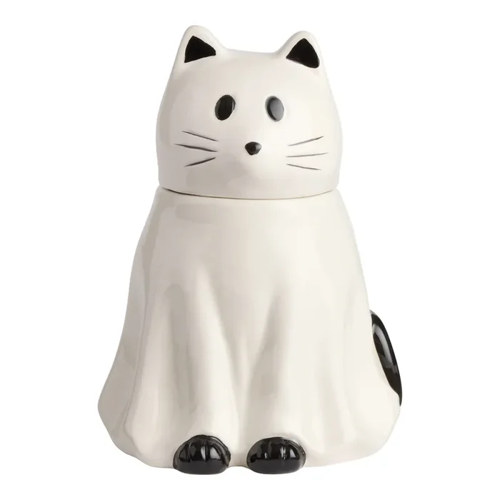 White and Black Ceramic Spooky Ghost Cat Figural Cookie Jar