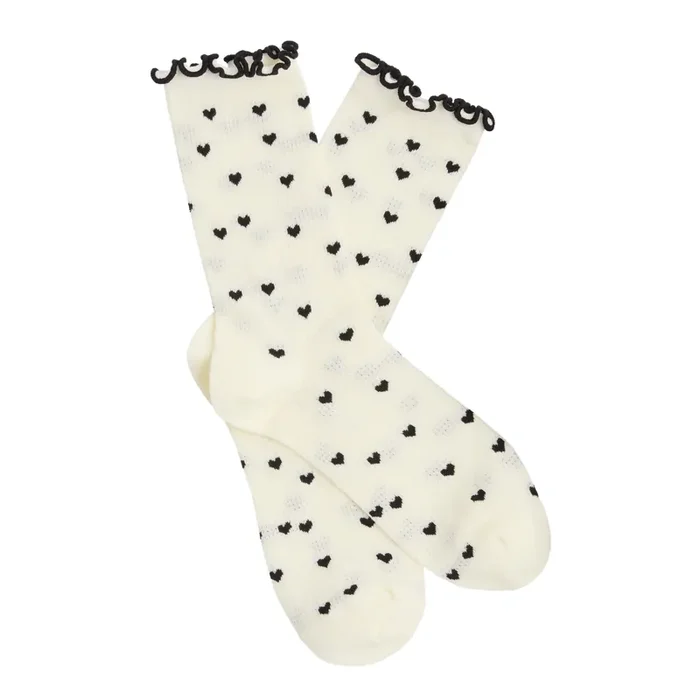 White and Black Dainty Hearts Ruffle Sheer Socks