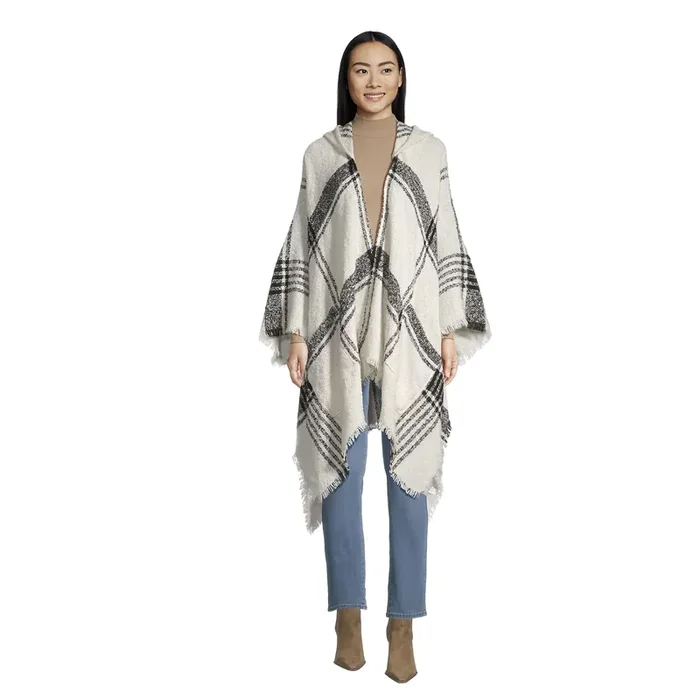 White And Black Plaid Hooded Wrap With Pockets