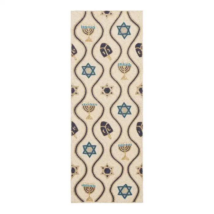 White And Blue Beaded Hanukkah Table Runner