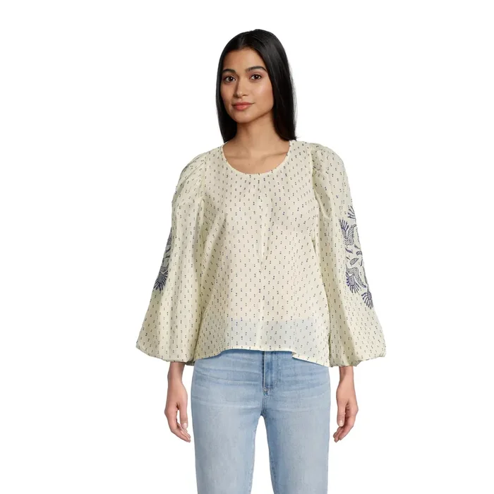 White and Blue Dobby Floral Embroidered Bell Sleeve Top