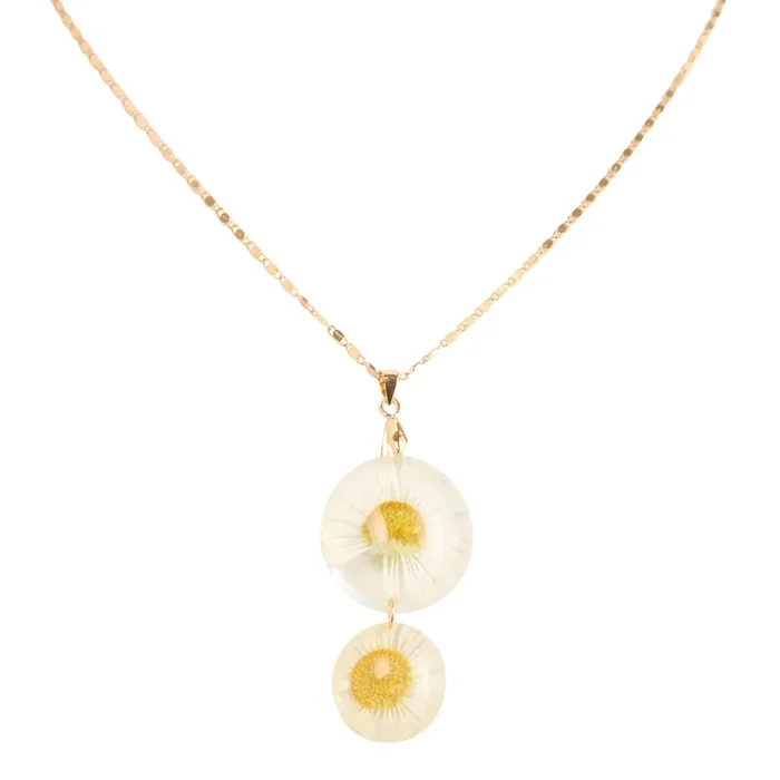 White and Gold Pressed Daisy Flower 2 Tier Pendant Necklace