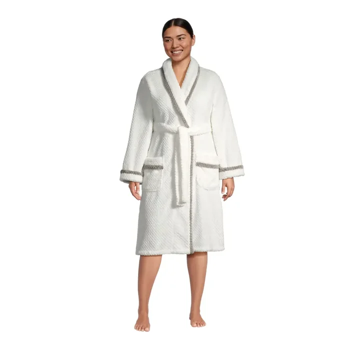 White and Gray Textured Super Soft Fleece Robe