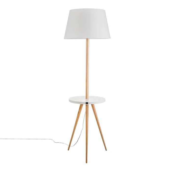 White and Natural Wood Tripod Floor Lamp With Table